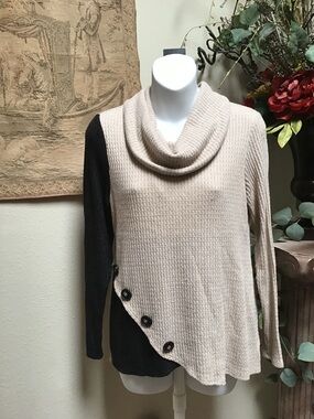 I.N. Studio Beige and Black Cowl Neck Button Accent Top